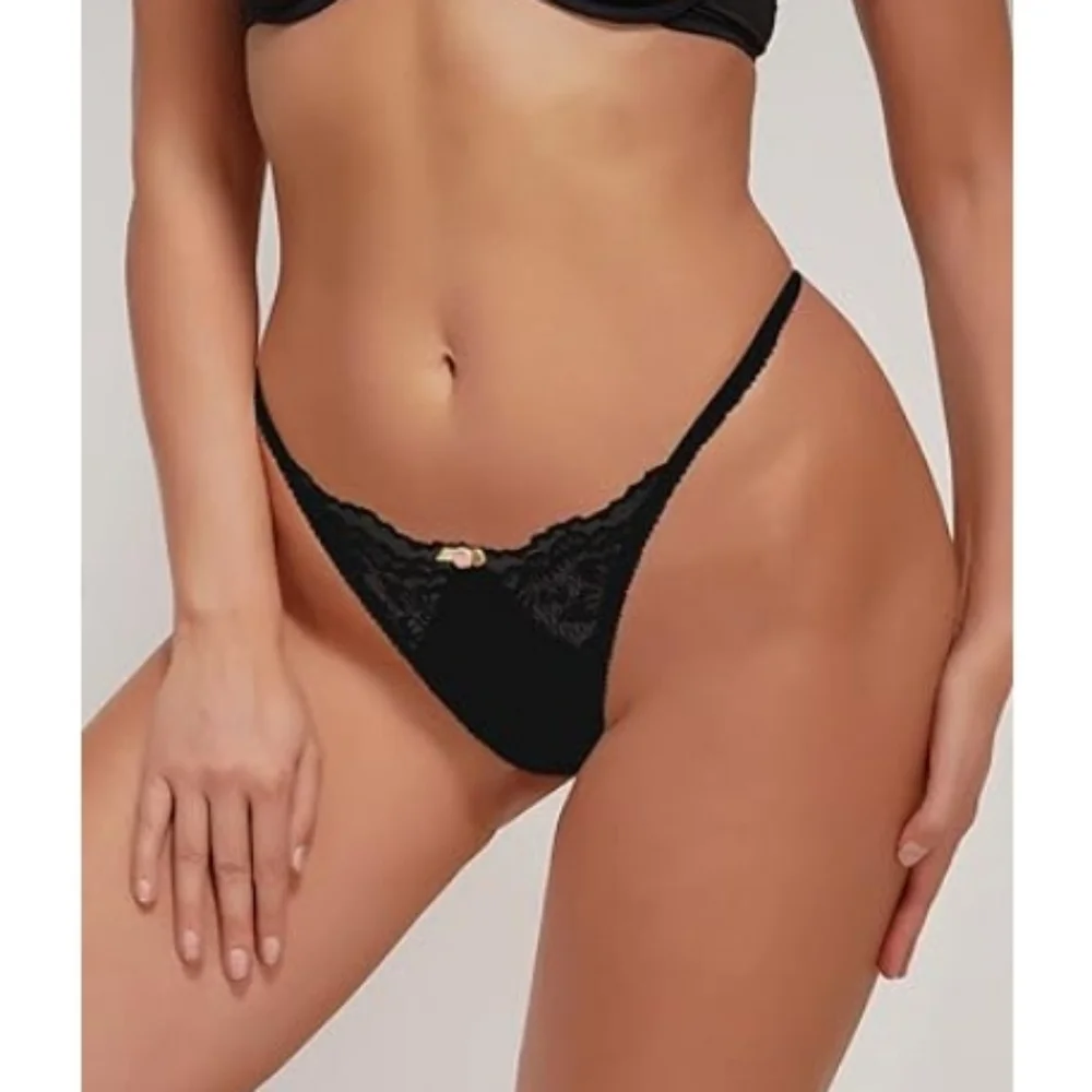 Women's Glitter Lace Low Rise Thongs Underwear Panty Solid Black Lace - Picture 4 of 6